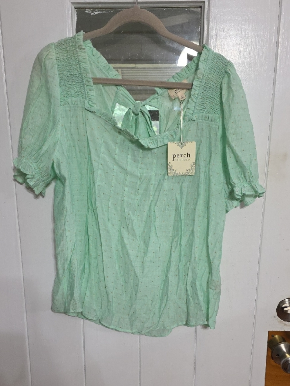 NWT Perch By Blu Pepper Women's Blouse Pistachio/Tan Swiss Dots Smocking Ties 1X